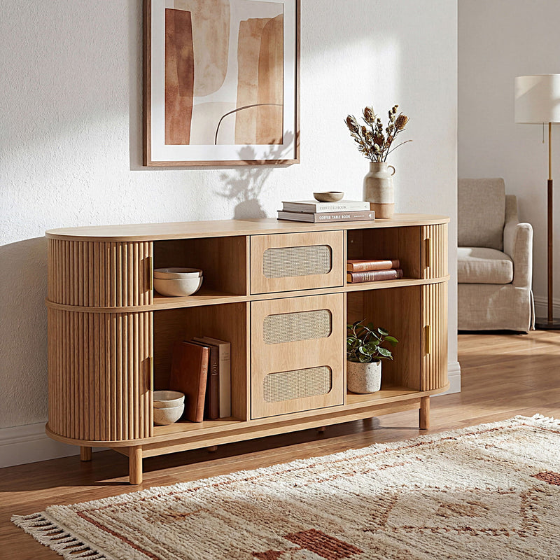 Fluted Sideboard Buffet Cabinet With Sliding Doors And Adjustable Shelves