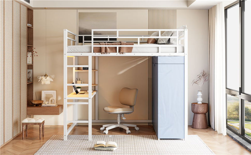 Full Size Loft Bed With Desk, Shelves, Power Outlet, LED Light And Wardrobe - White