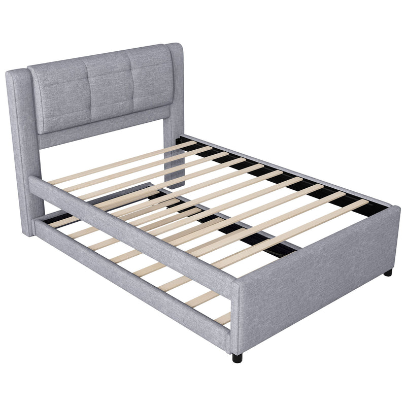 Upholstery Platform Bed With Trundle, Trundle Can Be Flat Or Erected