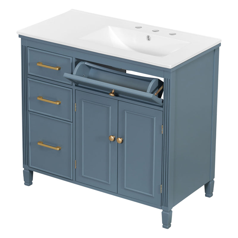 Bathroom Vanity With Sink, 1 Tip Out Drawer, 3 Side Drawers, Adjustable Shelf