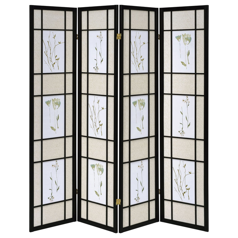 4 Panel Folding Screen With Floral Motif - Black