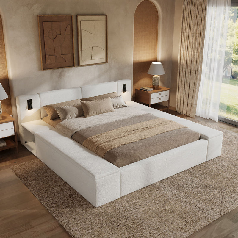 Upholstered Platform Bed Frame With Hidden Storage, Built-In Nightstands & LED Reading Lights