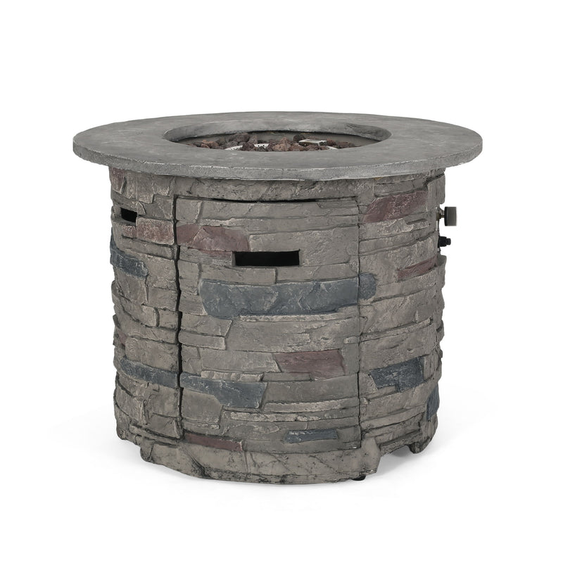 Transitional Outdoor 32" Round Propane Fire Pit Table, Lightweight Concrete Construction - Stone Gray