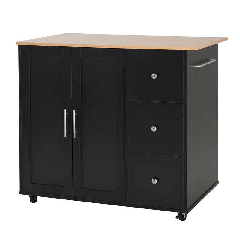 Mobile Kitchen Cart With Storage With 2 Doors, 3 Drawers & Adjustable Shelf - Black / Natural