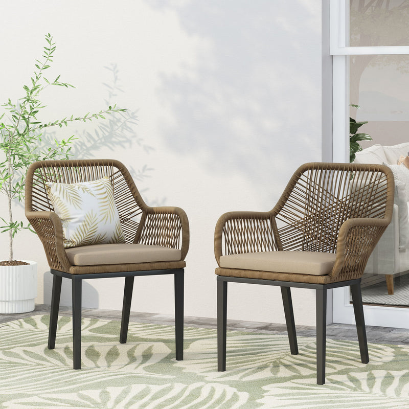Modern Wicker Dining Club Chair With Water Resistant Cushions - Brown / Beige