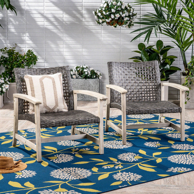 Outdoor Club Chair With Rattan Cover And Acacia Wood Frame - Gray