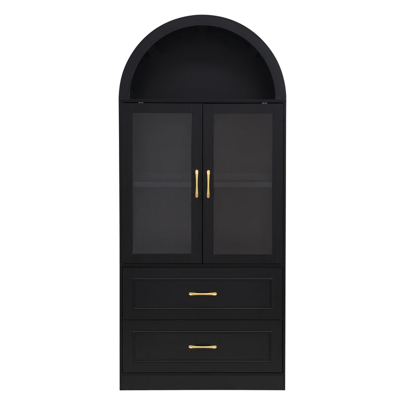 Arched Top Storage Cabinet With Fixed 2 Tier Shelves, 2 Large Drawers
