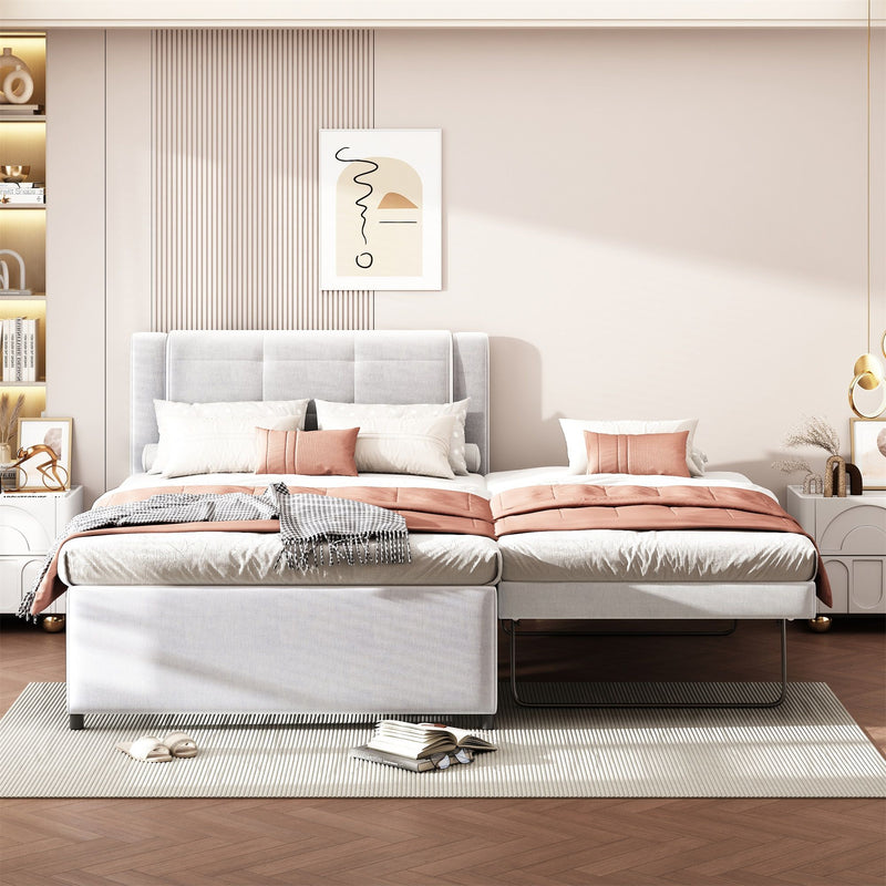 Upholstery Platform Bed With Trundle, Trundle Can Be Flat Or Erected