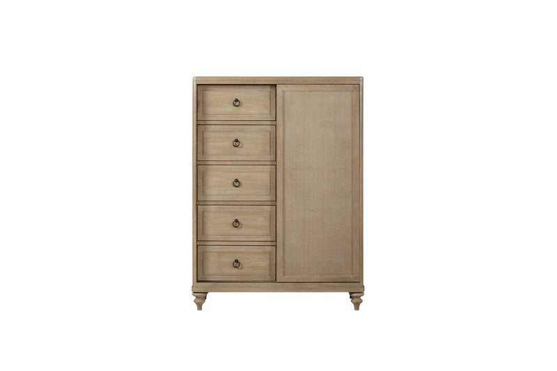 Queen Canopy Bedroom Set With A 2 Drawer Nightstand A Dresser With Poster Mirror And A Door Chest - Sand