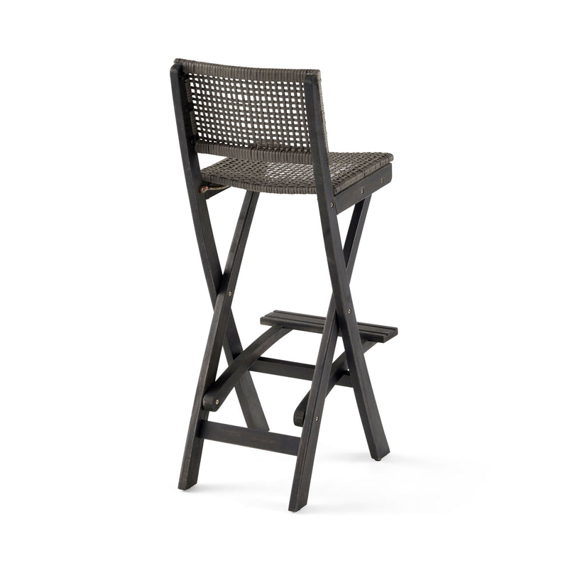 Outdoor Folding Acacia Wood Barstools With Rattan Backrest And Seat, (Set of 2) - Dark Gray