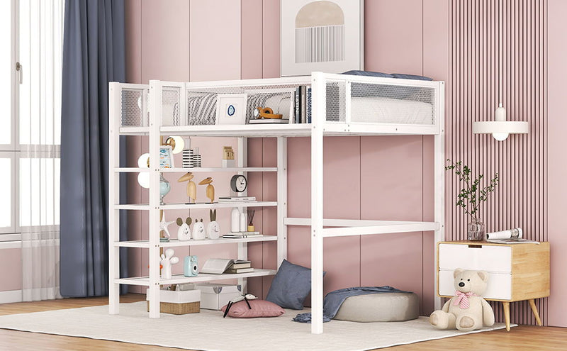 Twin Size Loft Bed With 4 Tier Shelves And Storage - White