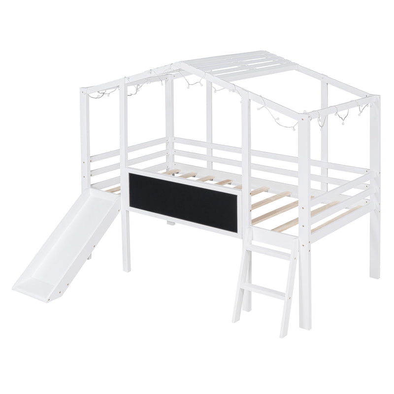 Loft House Bed With Ladder And Slide, With board And Light Strip On The Roof