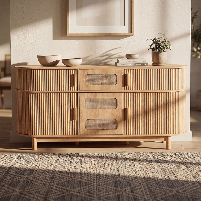 Fluted Sideboard Buffet Cabinet With Sliding Doors And Adjustable Shelves