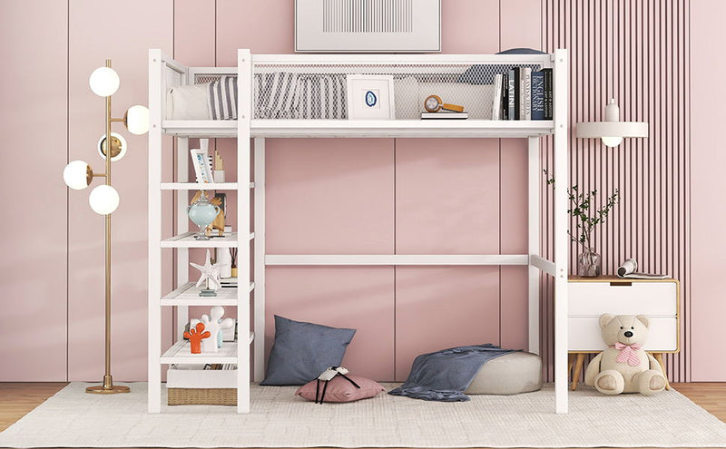 Twin Size Loft Bed With 4 Tier Shelves And Storage - White