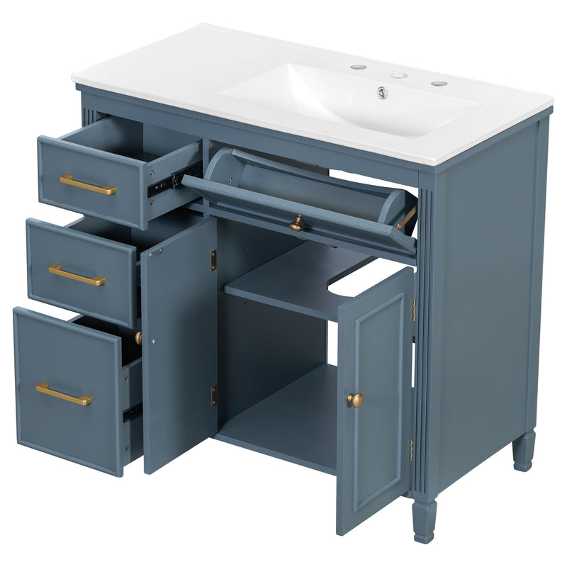 Bathroom Vanity With Sink, 1 Tip Out Drawer, 3 Side Drawers, Adjustable Shelf