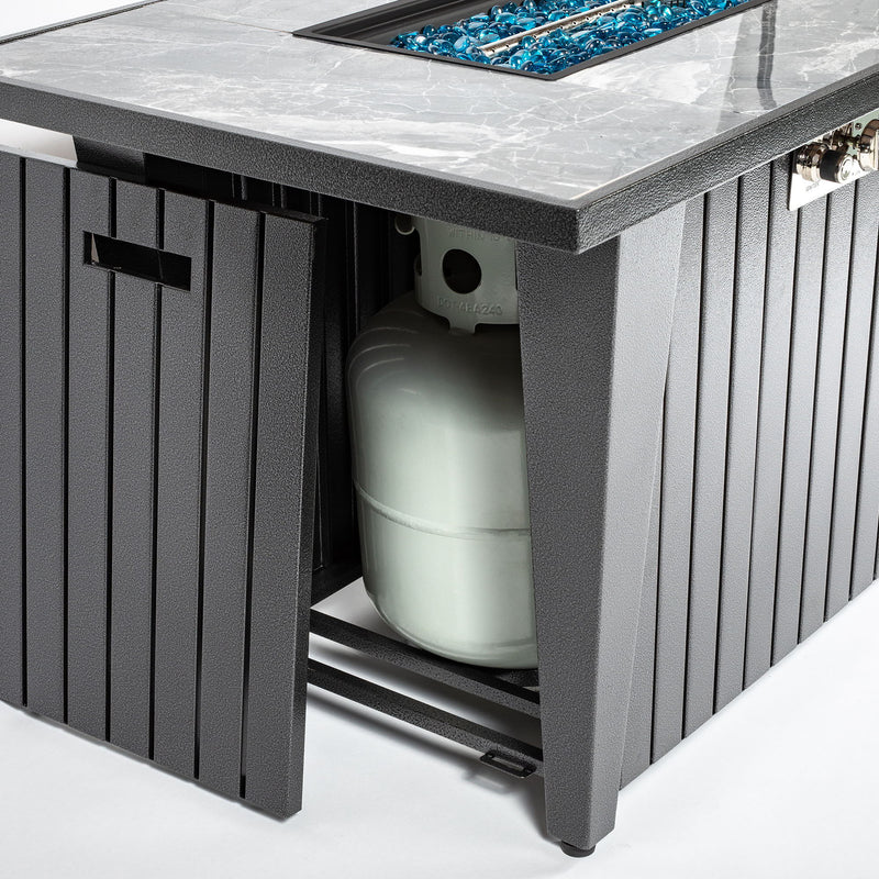 Morden Steel Fire Pit Table With Marble Tile Tabletop, Glass Wind Guard And Lid