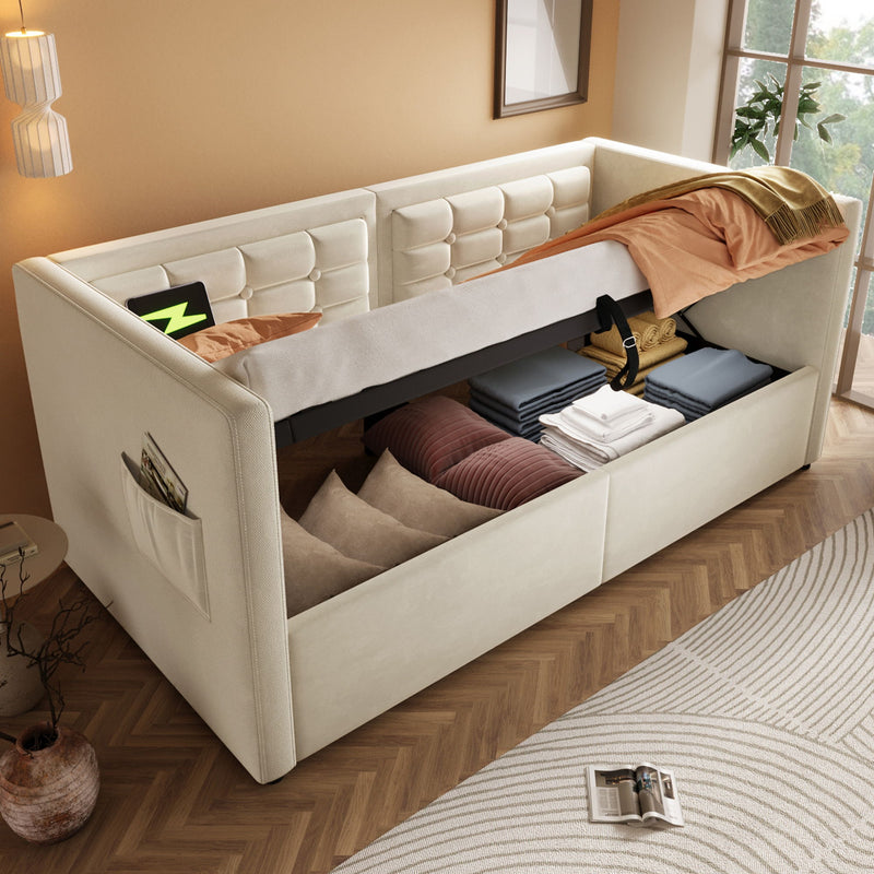 Upholstered Daybed With Hydraulic Storage And USB / Type - C Charging