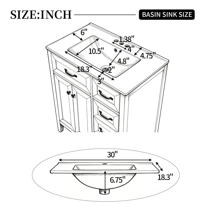 Bathroom Vanity With Sink, Freestanding Design, Soft Close Doors & Drawers - White