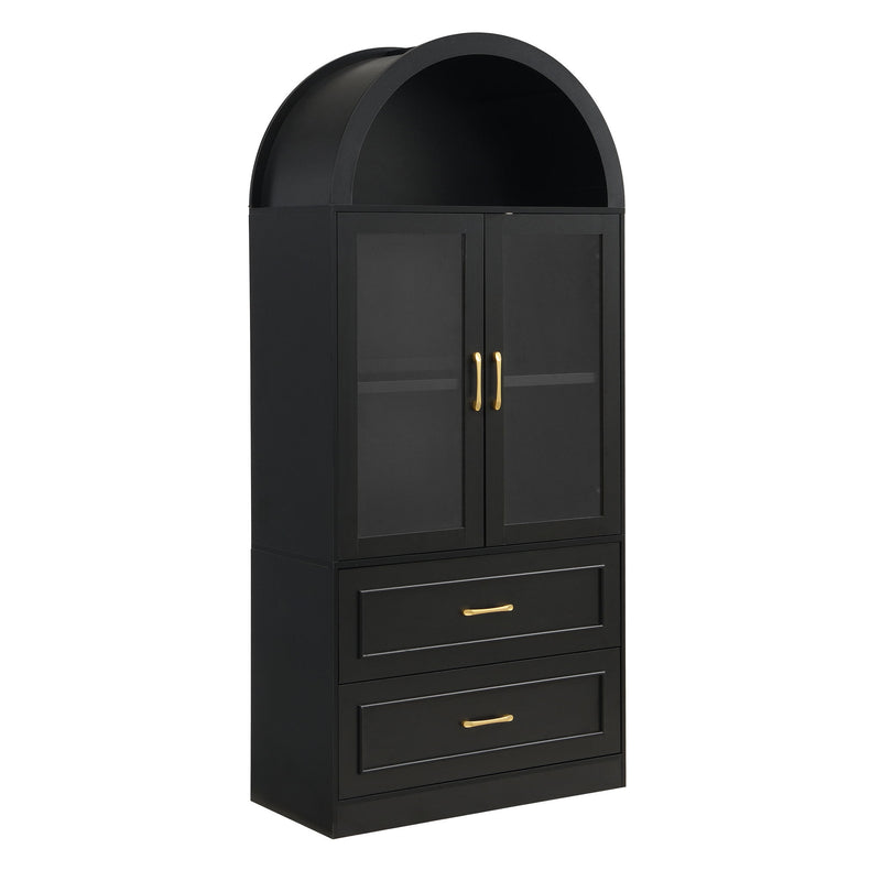 Arched Top Storage Cabinet With Fixed 2 Tier Shelves, 2 Large Drawers