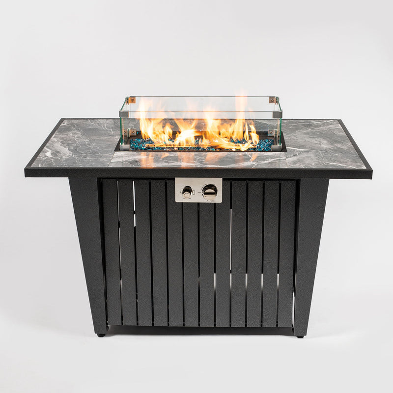 Morden Steel Fire Pit Table With Marble Tile Tabletop, Glass Wind Guard And Lid