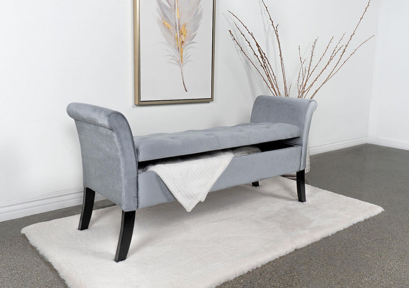 Farrah Velvet Upholstered Rolled Arm Storage Bench Silver