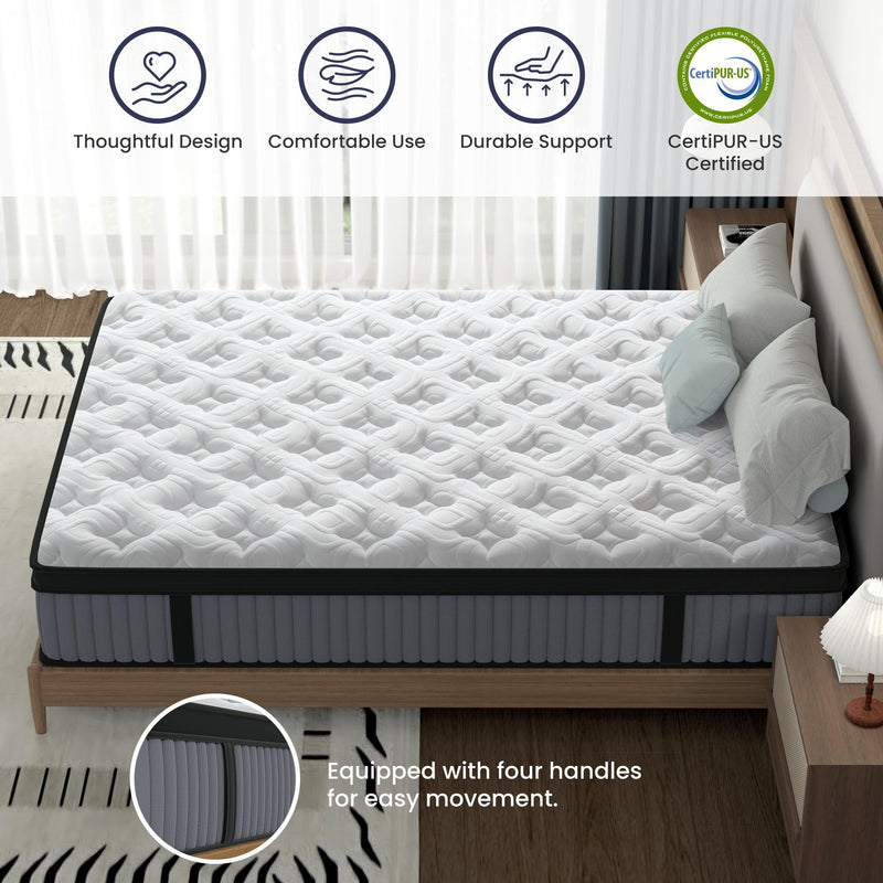 14" Hybrid Mattress, Memory Foam & Pocket Spring Bed, Cooling, Pressure Relief, Back & Hip Support - Gray / White - King