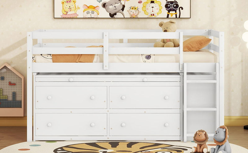 Loft Bed With Retractable Writing Desk And 4 Drawers, With Lateral Portable Desk And Shelves