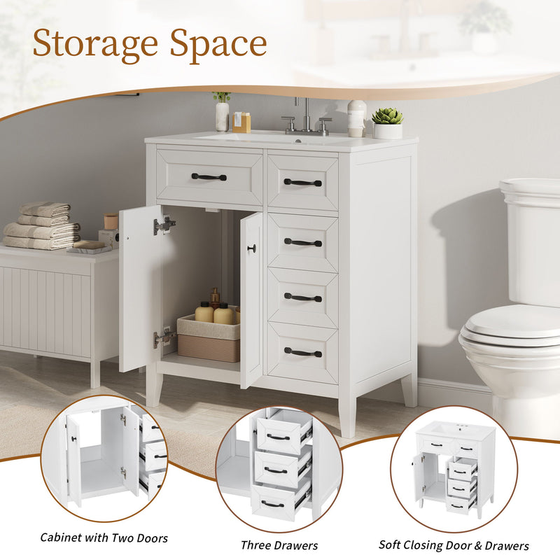 Bathroom Vanity With Sink, Freestanding Design, Soft Close Doors & Drawers - White