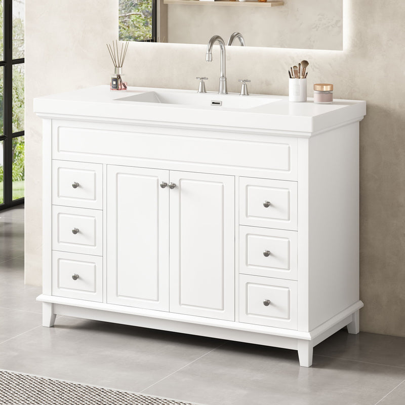 Bathroom Vanity & Sink, 6 Soft Close Drawers & Double Doors - White
