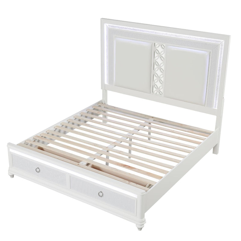 Abigale - King Bed With LED Lighting And 2 Drawer Storage Footboard - White