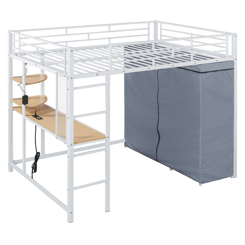 Full Size Loft Bed With Desk, Shelves, Power Outlet, LED Light And Wardrobe - White