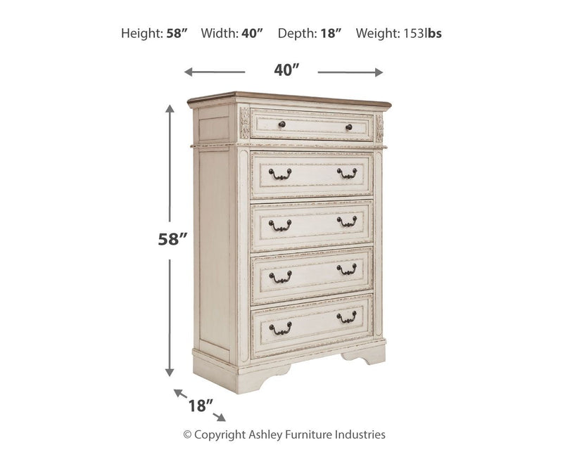 Realyn - Five Drawer Chest - White / Brown / Beige