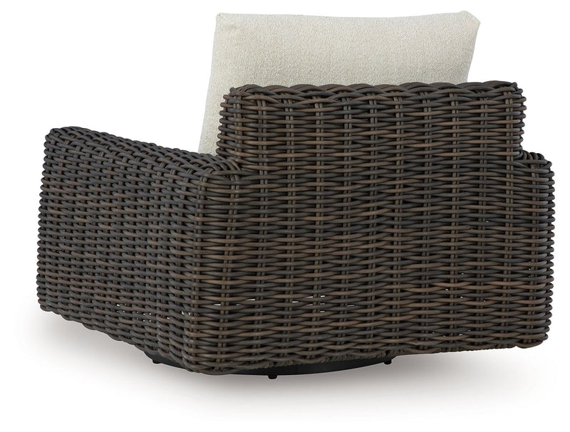 Kimora - 7 Pc. - 4-Piece Outdoor Sectional, Swivel Glider Lounge, Cocktail Table, End Table - Beige / Dark Brown