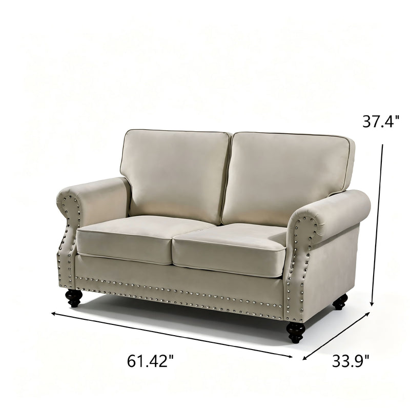 Loveseat Sofa With Nailhead Detail & Turned Legs, 2 Seater Upholstered Couch