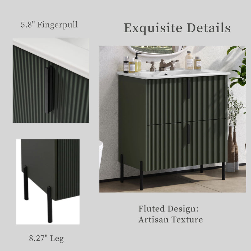Bathroom Vanity With Ceramic Sink, Fluted Design