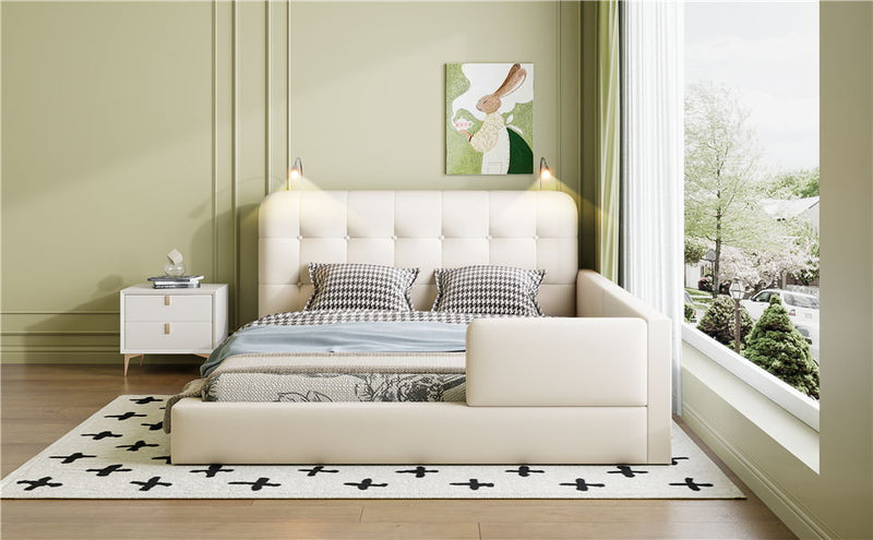 Queen Size Upholstered Platform Bed With 2 Reading Lights - White