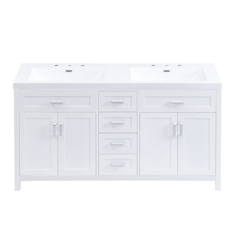 59.1" Minimalist Double Sink Bathroom Vanity With Top, Soft Close Doors & Drawers - White