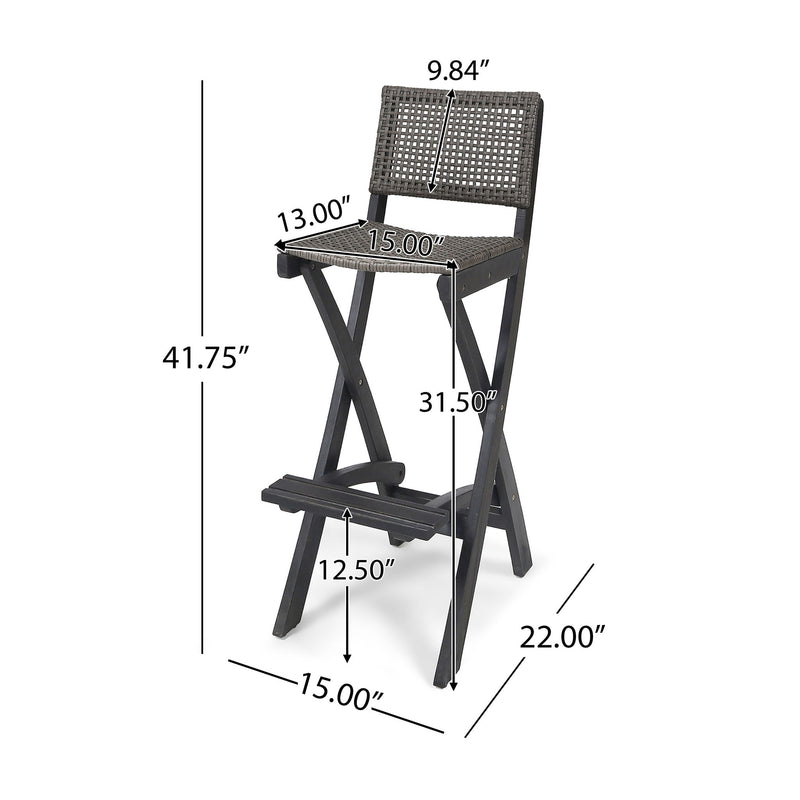Outdoor Folding Acacia Wood Barstools With Rattan Backrest And Seat, (Set of 2) - Dark Gray