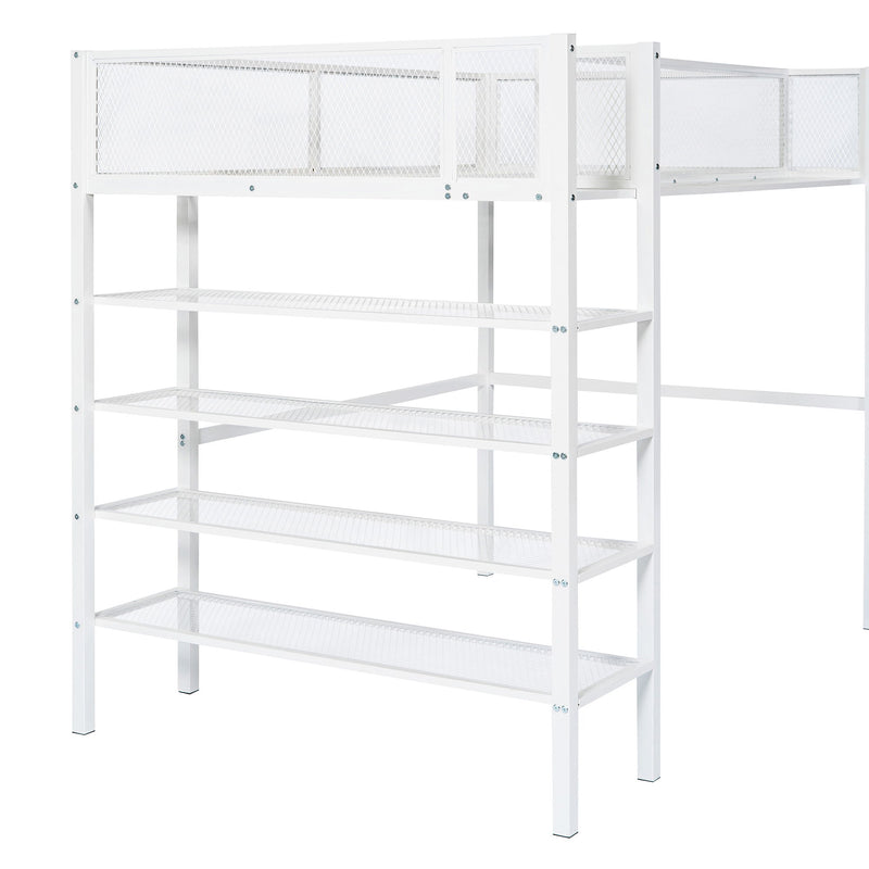 Twin Size Loft Bed With 4 Tier Shelves And Storage - White