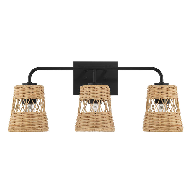 Moonlit - 3 Lights Wall Sconce With Shade, Bathroom Lighting Fixtures Over Mirror - Black / Rattan