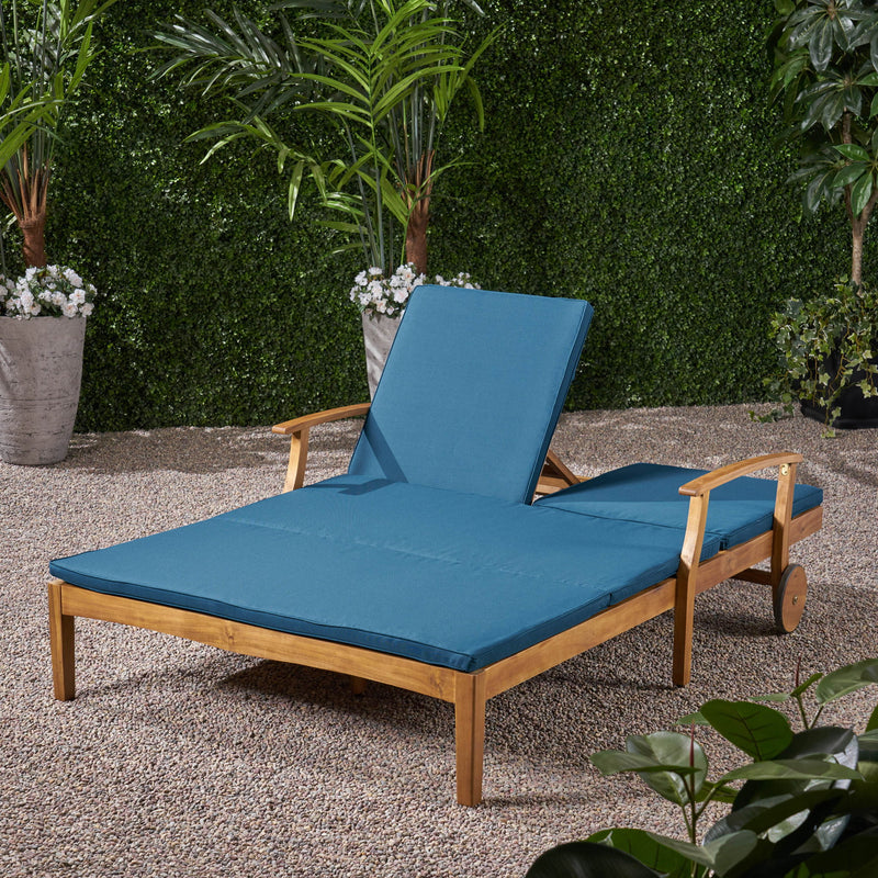 Etherealize - Outdoor Adjustable Double Chaise Lounge With Water Resistant Cushions - Teak / Blue