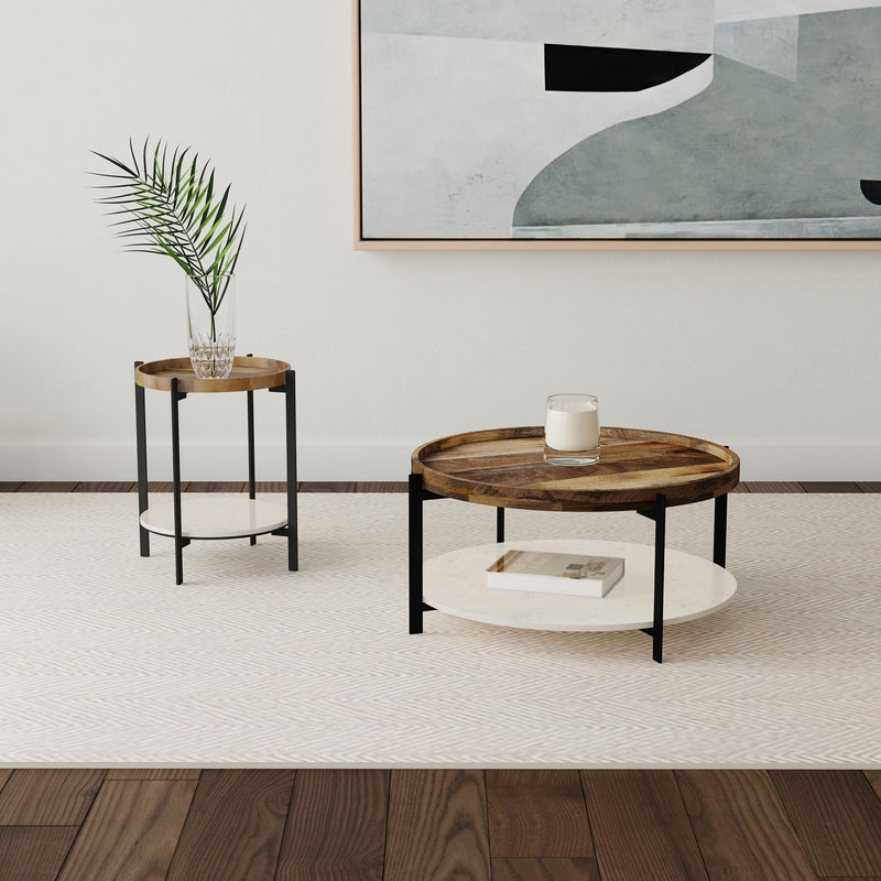 Adhvik Round End Side Table Marble Shelf Natural and Black