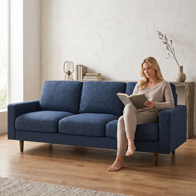3 Seater Sofa With Loose Back Cushions And Accent Pillows For Living Room - Dark Blue
