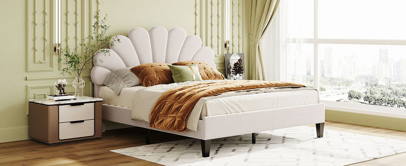 Upholstered Platform Bed With Flower Pattern Headboard
