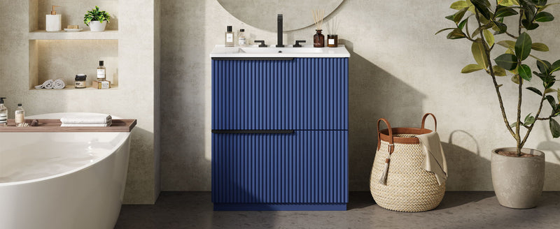 Fluted Bathroom Vanity With Ceramic Sink, Freestanding Cabinet