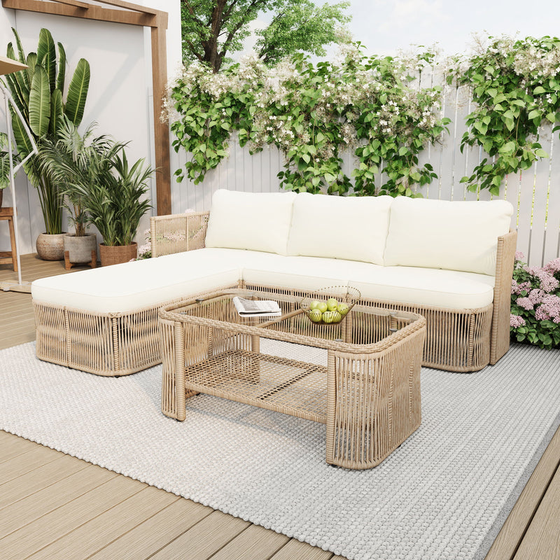 Outdoor Modular Conversation Sofa With Cushions And Coffee Table - Beige