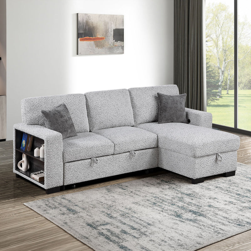 Buzz - Reversible Sleeper Sectional Sofa With Storage Chaise, Console Arm, USB Charging & Cup Holders - Gray