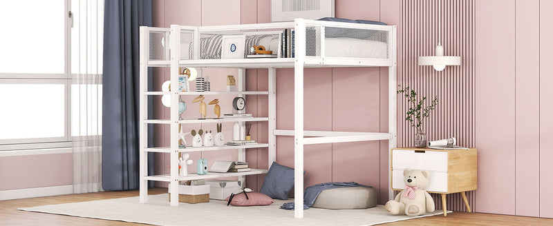 Twin Size Loft Bed With 4 Tier Shelves And Storage - White
