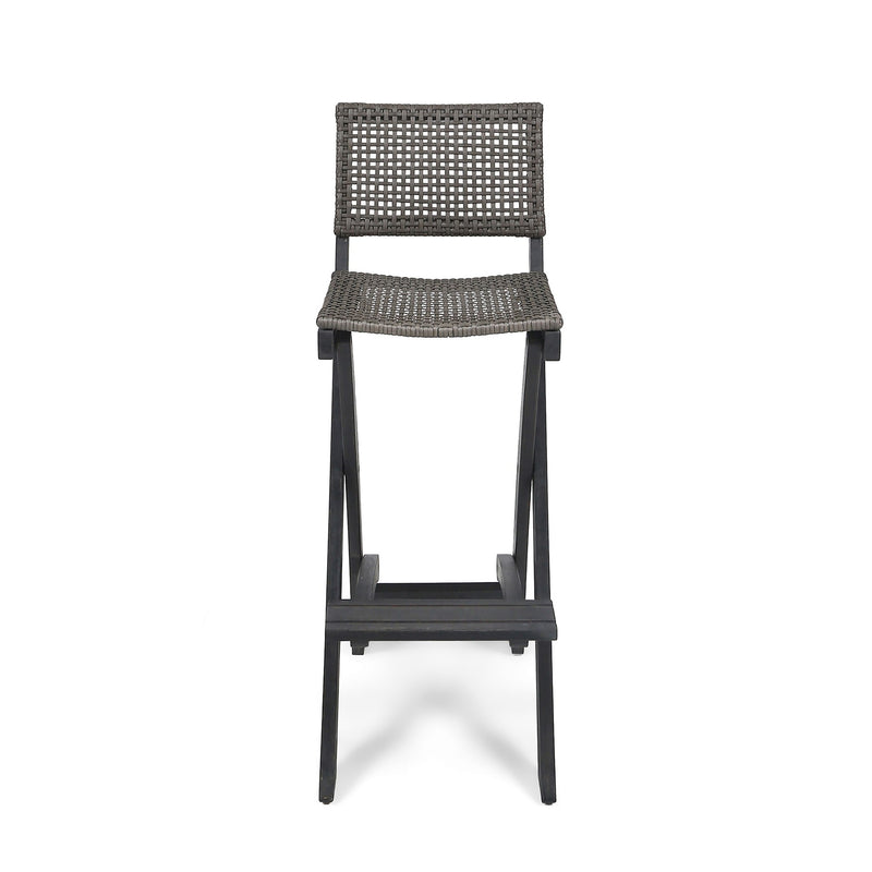 Outdoor Folding Acacia Wood Barstools With Rattan Backrest And Seat, (Set of 2) - Dark Gray