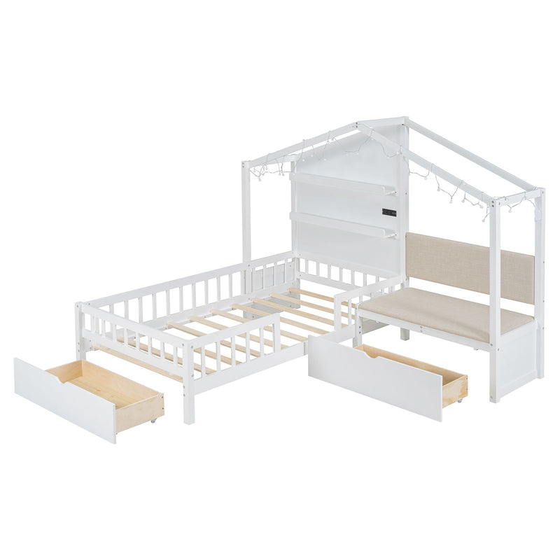 House Bed With Upholstered Sofa, Wireless Charging Station, Shelves And 2 Drawers
